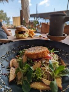Salad with mixed greens, peaches, and fried patty on a dark plate; burger and fries blurred behind.