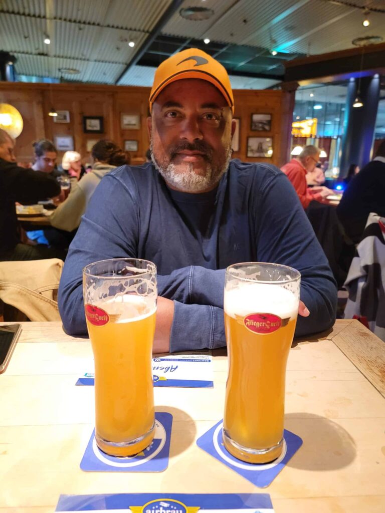 It's Craig, with beers at a German restaurant in Frankfurt, Germany