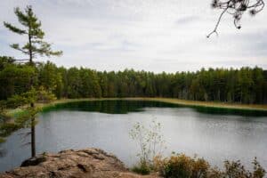 Serene lake with calm water, dense evergreen forest, rocky outcrop, and overcast sky.