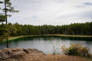 Serene wooded landscape with a small lake, dense trees, rocky terrain, and overcast sky.
