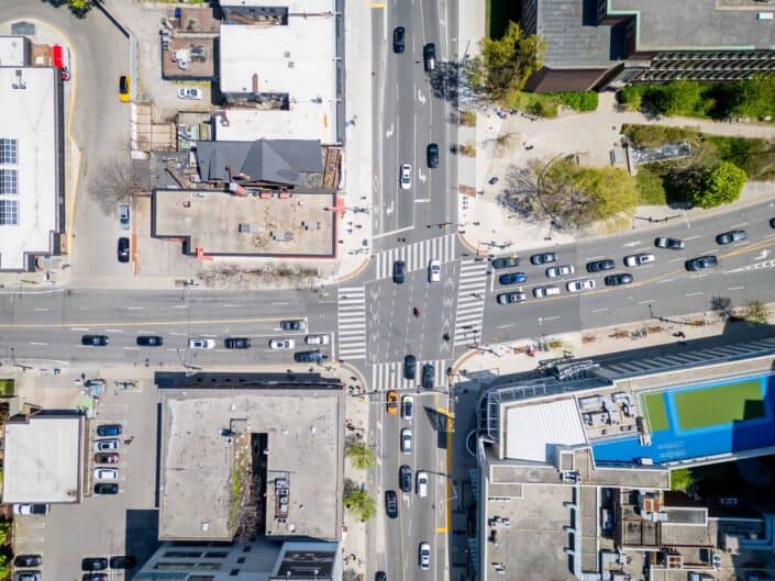 An aerial view of a city intersection