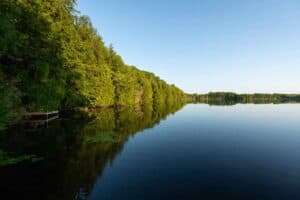 Lake with clear water reflecting green trees and a small wooden dock under a blue sky